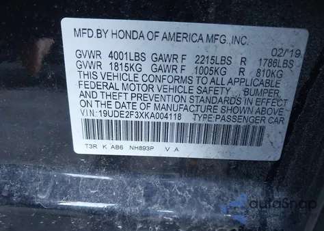 2019 Acura Ilx Standard from USA, damaged, VIN 19UDE2F3XKA004118